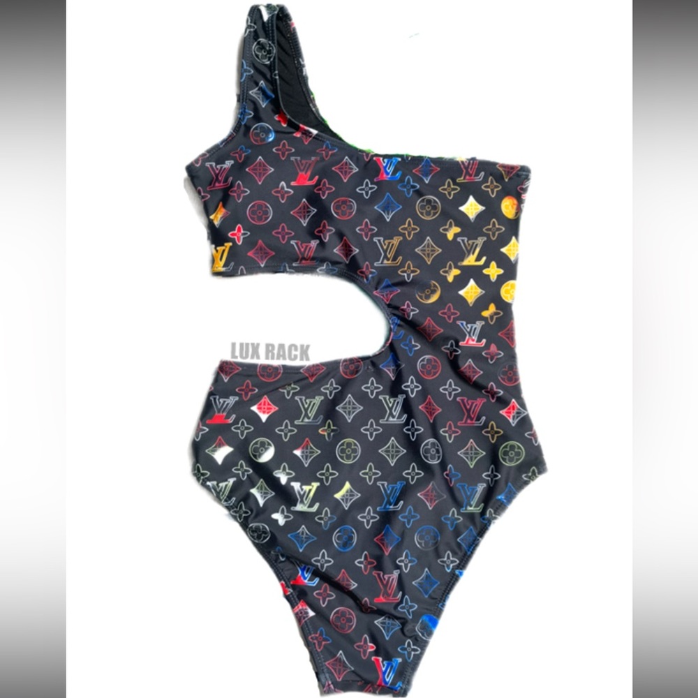 Designer Look One-Shoulder Black Multicolor Swimsuit Size S